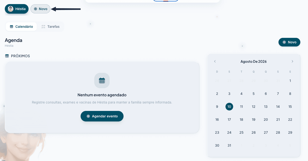 Tela da Agenda com o alternador Calendário/Tarefas, o botão Novo e o calendário