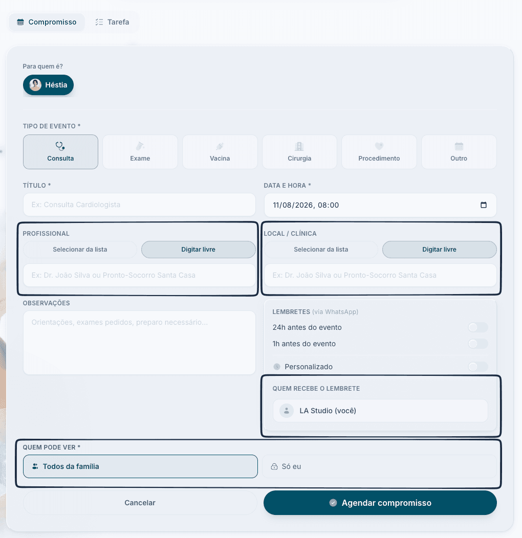 Formulário de novo compromisso, com tipo, data, profissional, lembrete e visibilidade