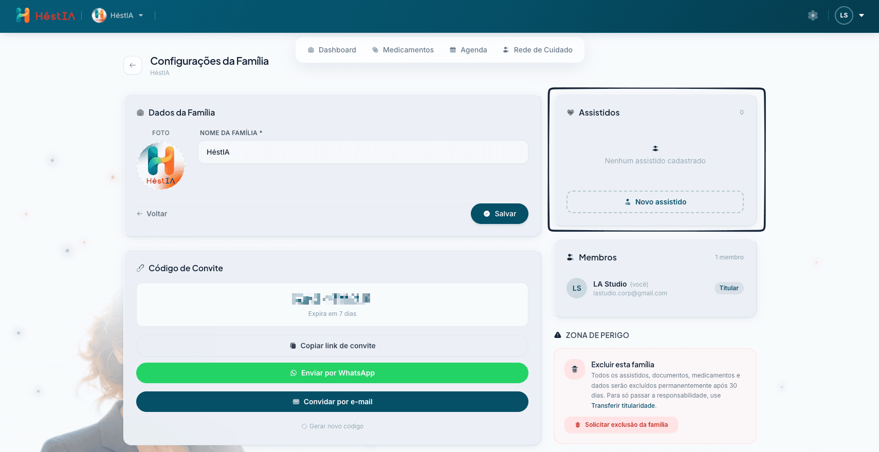 Configurações da Família com o card Assistidos e o botão Novo assistido
