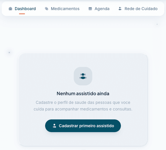 Dashboard sem assistidos, com o botão Cadastrar primeiro assistido