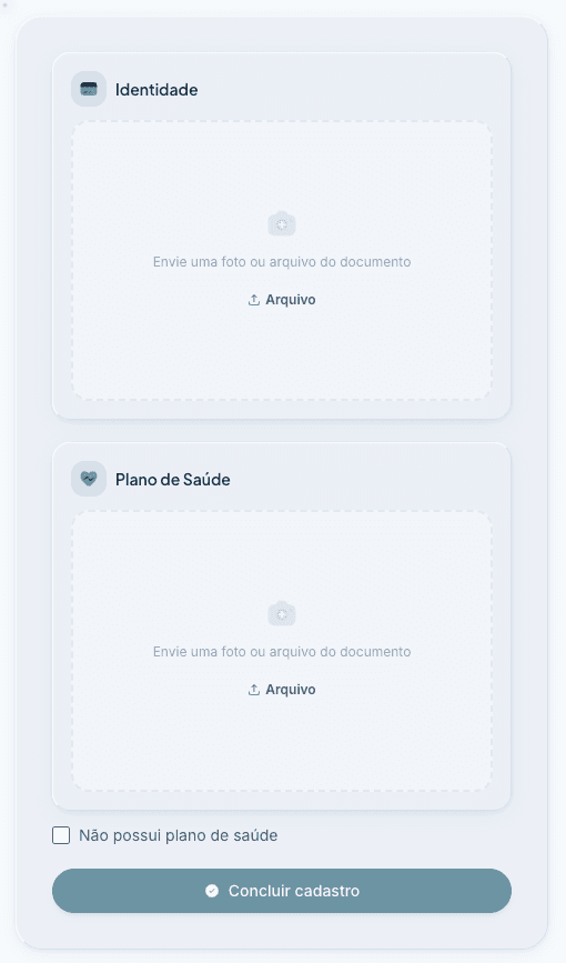 Janela de documentos de emergência, com Identidade e Plano de Saúde e a opção Não possui plano de saúde