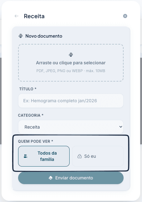 Formulário de envio de documento, com título, categoria e quem pode ver