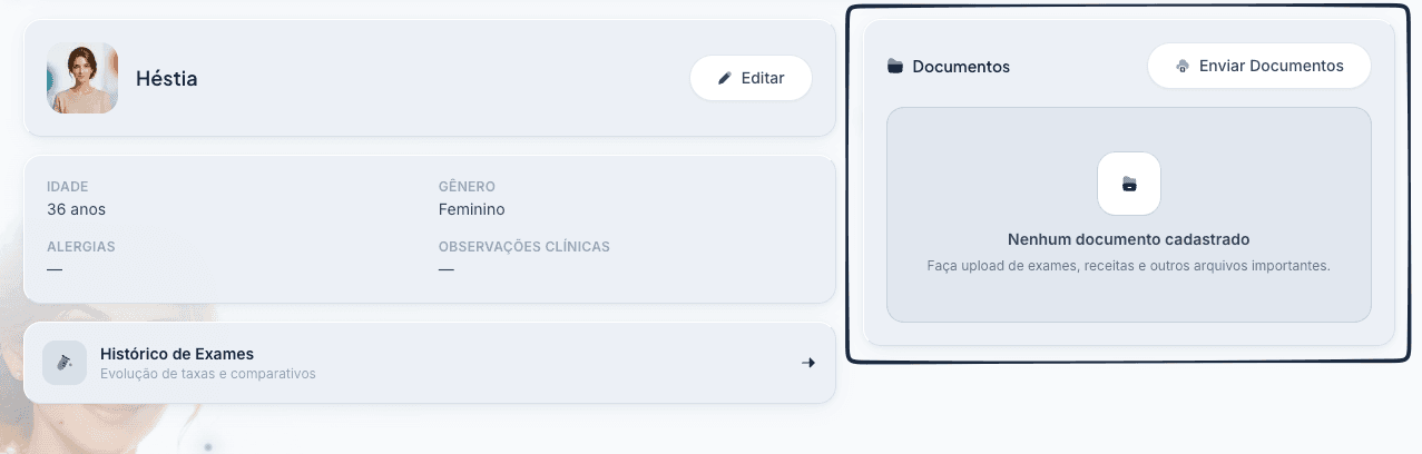 Prontuário do assistido com o card Documentos e o botão Enviar Documentos