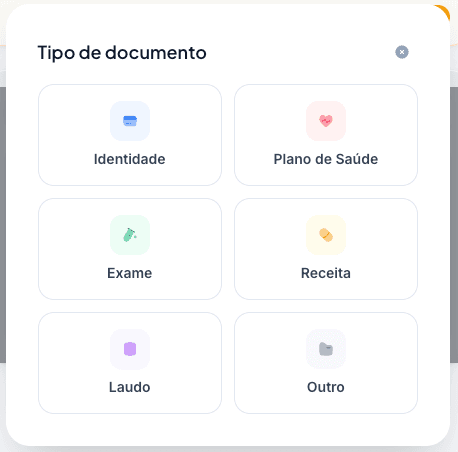 Janela de escolha do tipo de documento, com as seis categorias