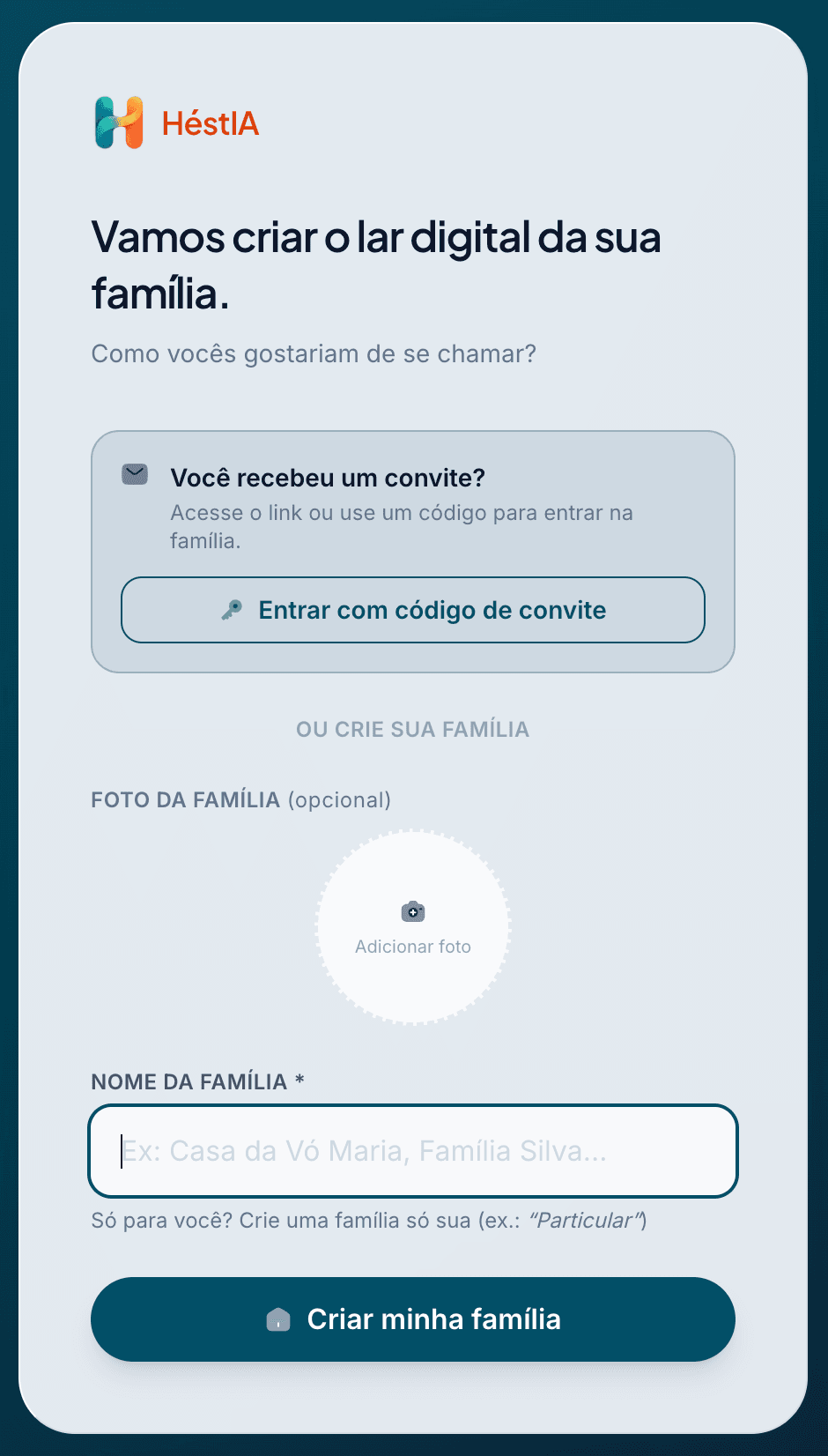 Tela de criação de família, com o campo de nome e o botão Criar minha família