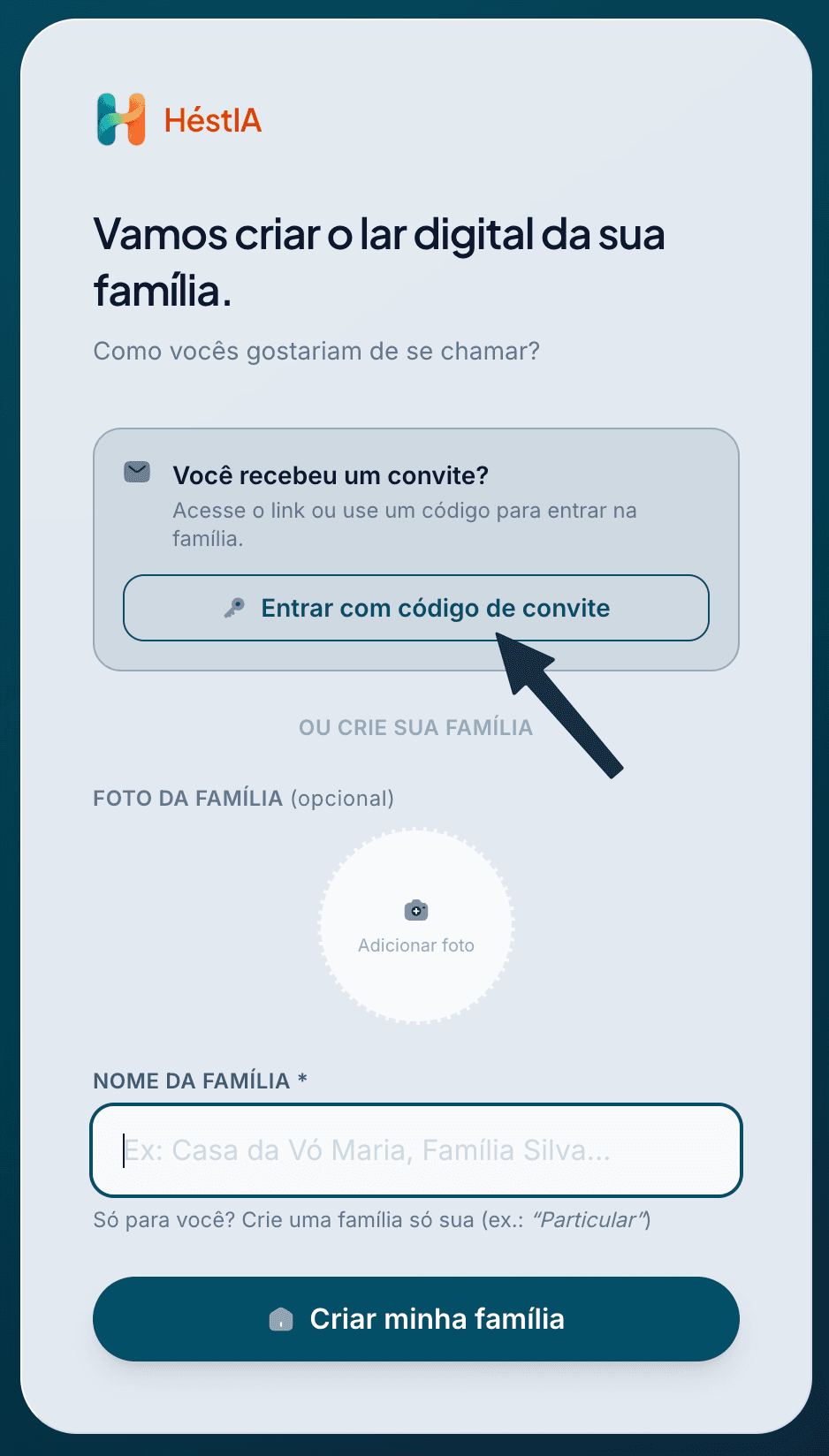Tela inicial destacando o botão Entrar com código de convite