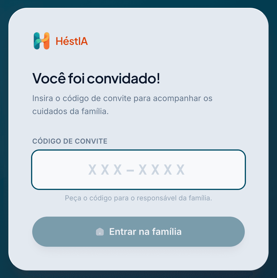 Tela para digitar o código do convite recebido