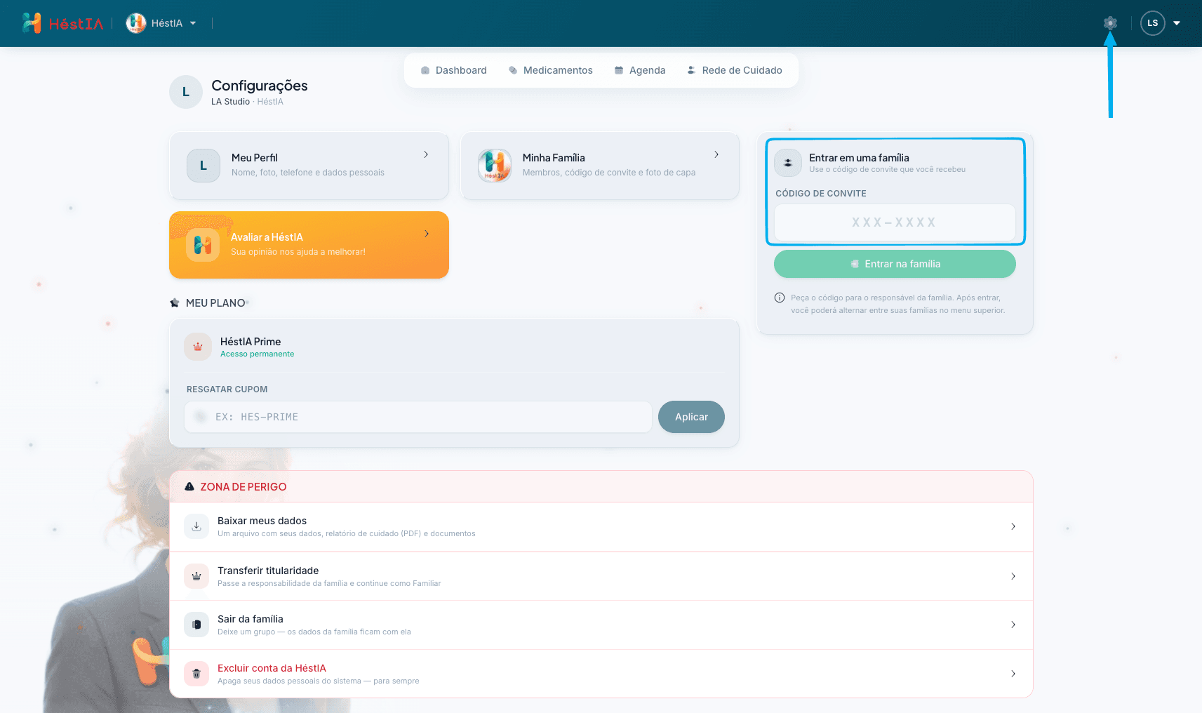 Tela de Configurações destacando o card Entrar em uma família