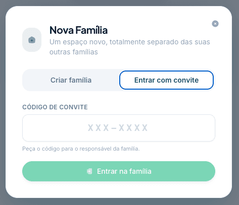 Janela Nova Família aberta na aba Entrar com convite