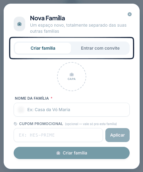 Janela Nova Família aberta na aba Criar família