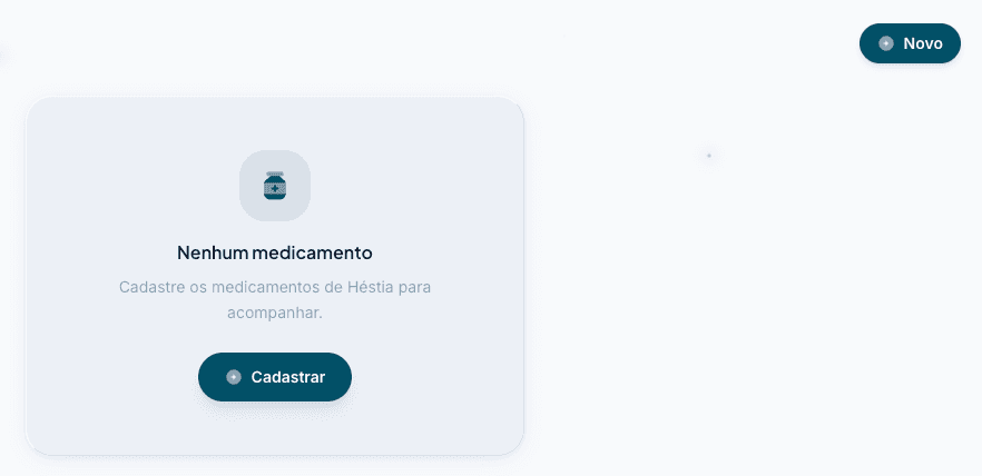 Tela de medicamentos vazia, com o botão Novo e o card Cadastrar