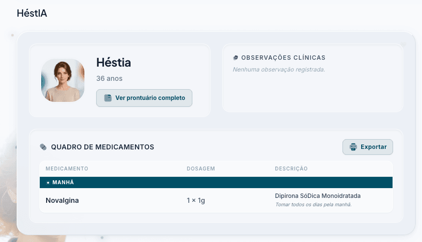 Quadro de Medicamentos no Dashboard, com o remédio organizado por turno