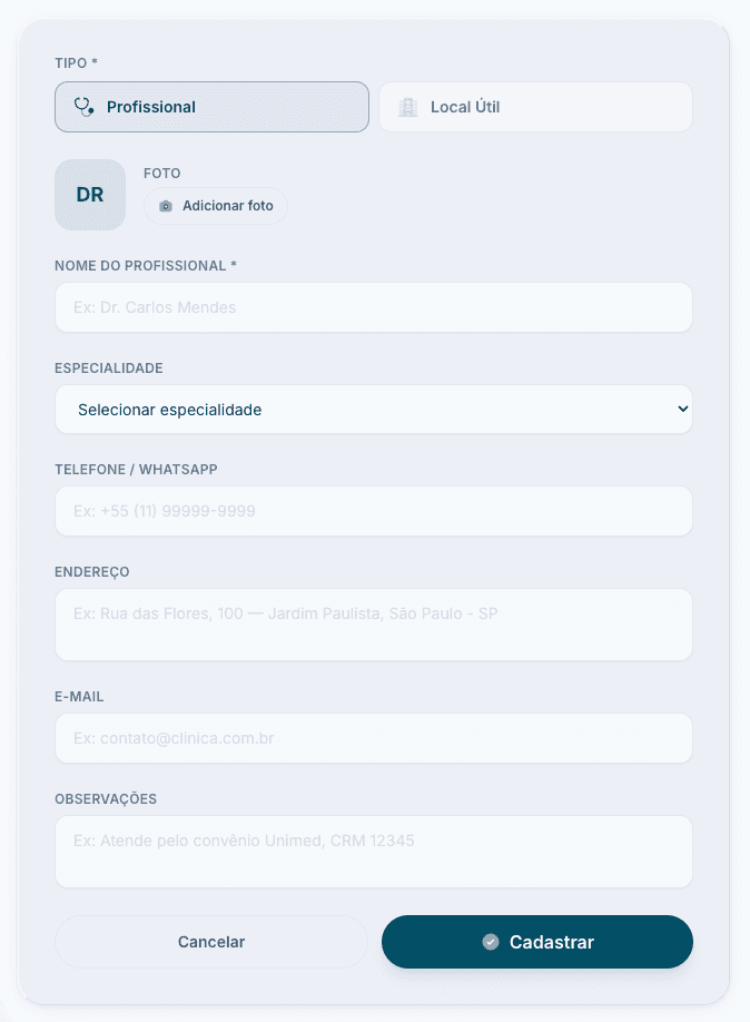 Formulário de novo profissional, com nome, especialidade, telefone e endereço
