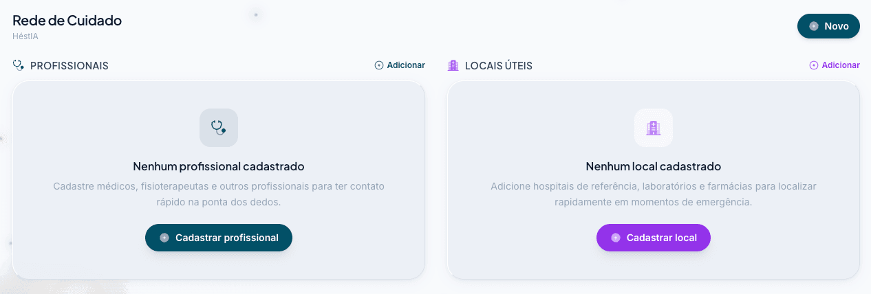 Tela da Rede de Cuidado, com as listas de Profissionais e Locais úteis