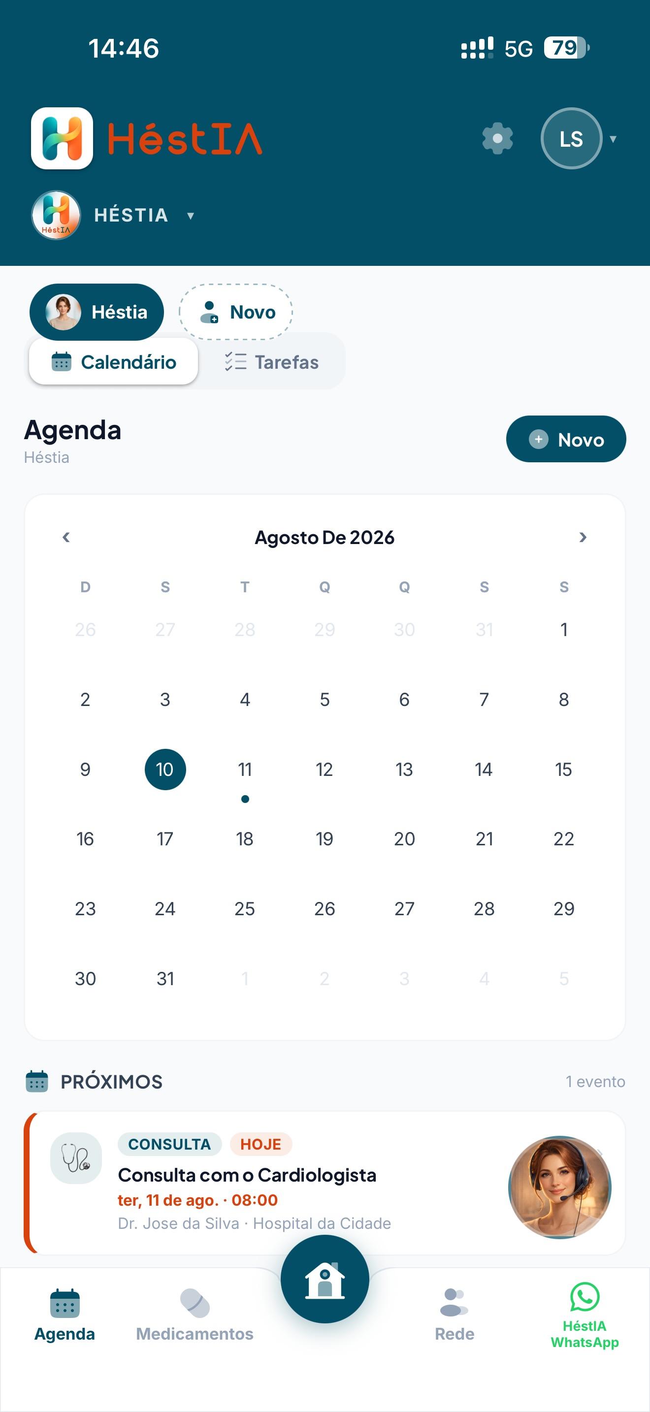 Agenda da HéstIA com calendário e uma consulta de cardiologia cadastrada.