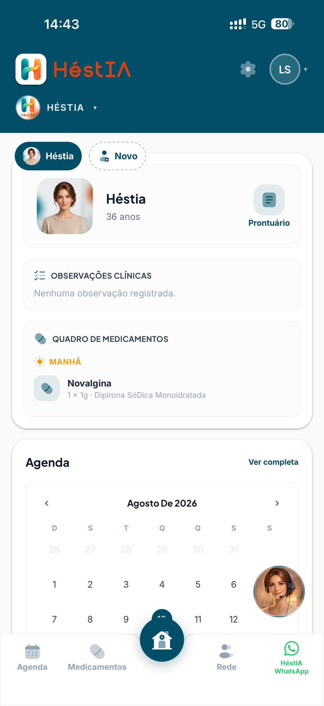 Tela inicial da HéstIA com informações da assistida, medicamentos e agenda.